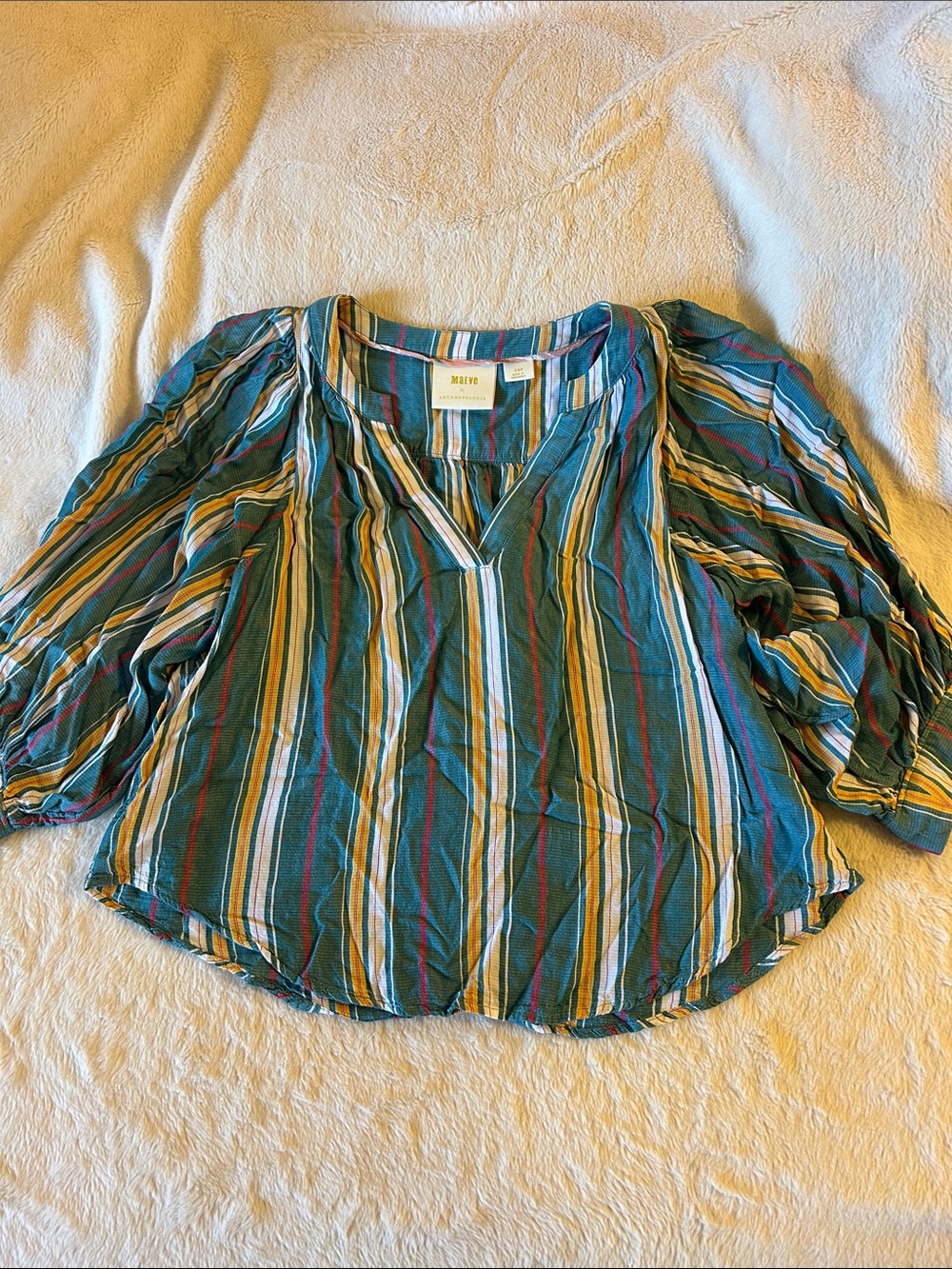 Anthropologie teal striped V-neck blouse with mustard and cream